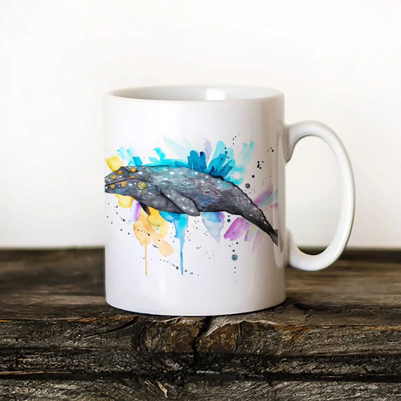 Ceramic mug with a watercolour grey whale print