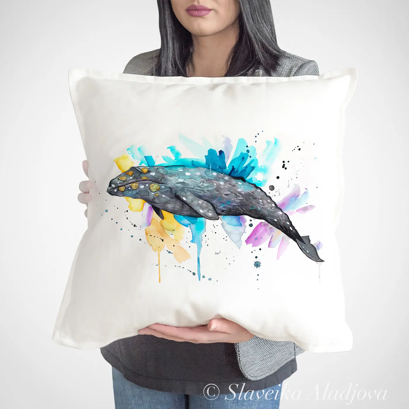 Cushion with a watercolour grey whale print