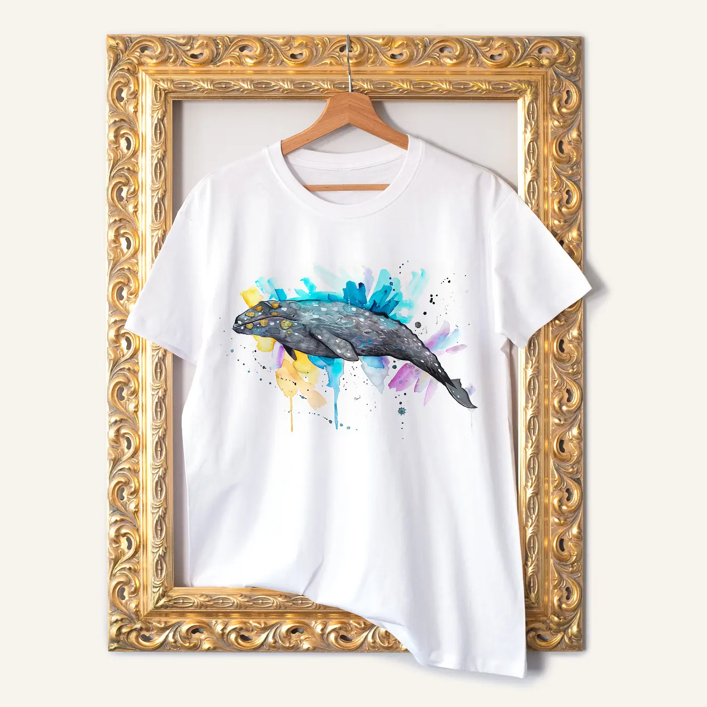 White t-shirt with a watercolour grey whale print
