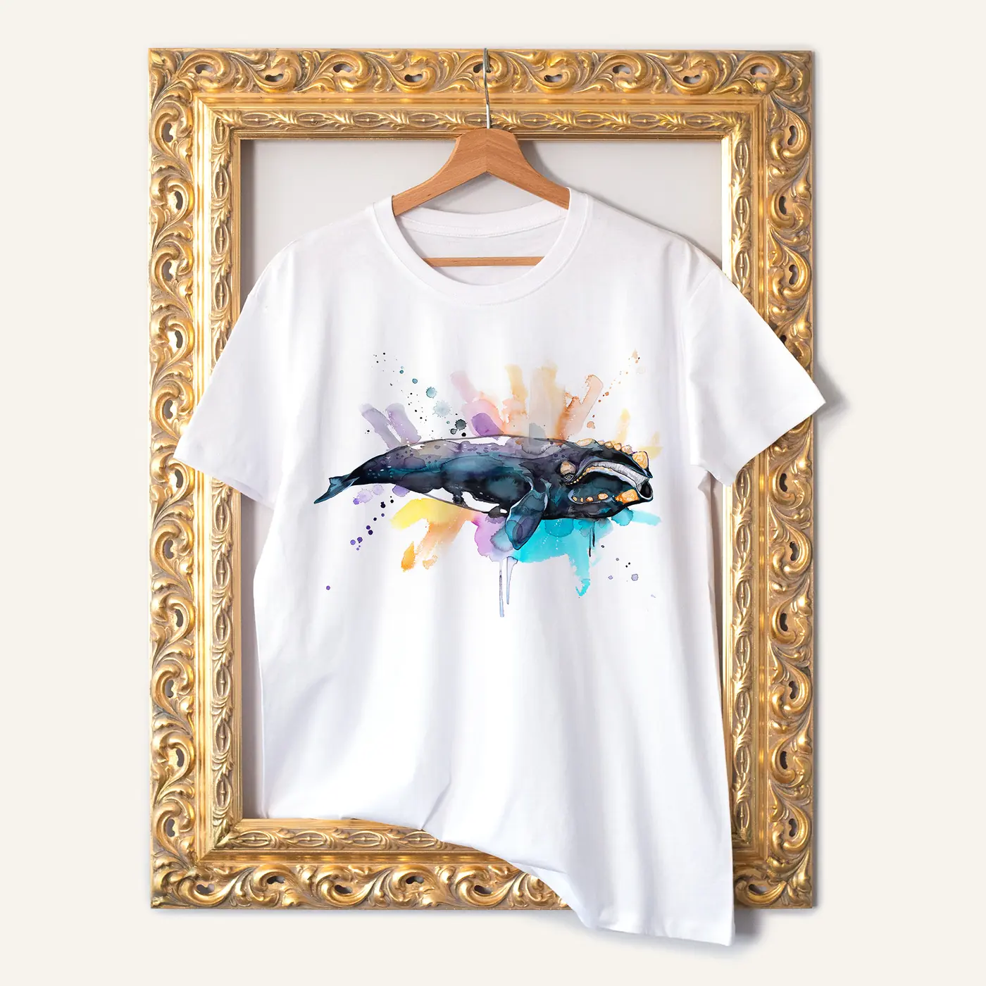 White t-shirt with a watercolour southern right whale print
