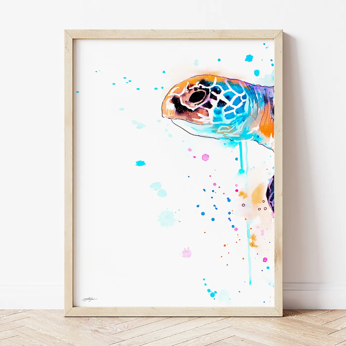 Art print with a watercolour blue sea turtle print 2