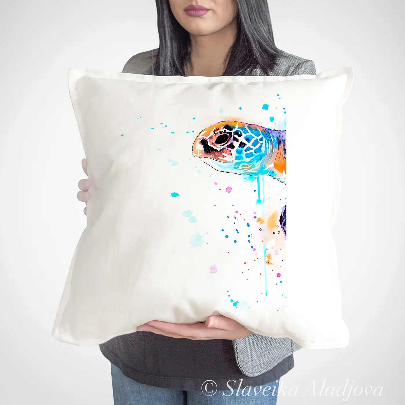 Cushion with a watercolour blue sea turtle print 2
