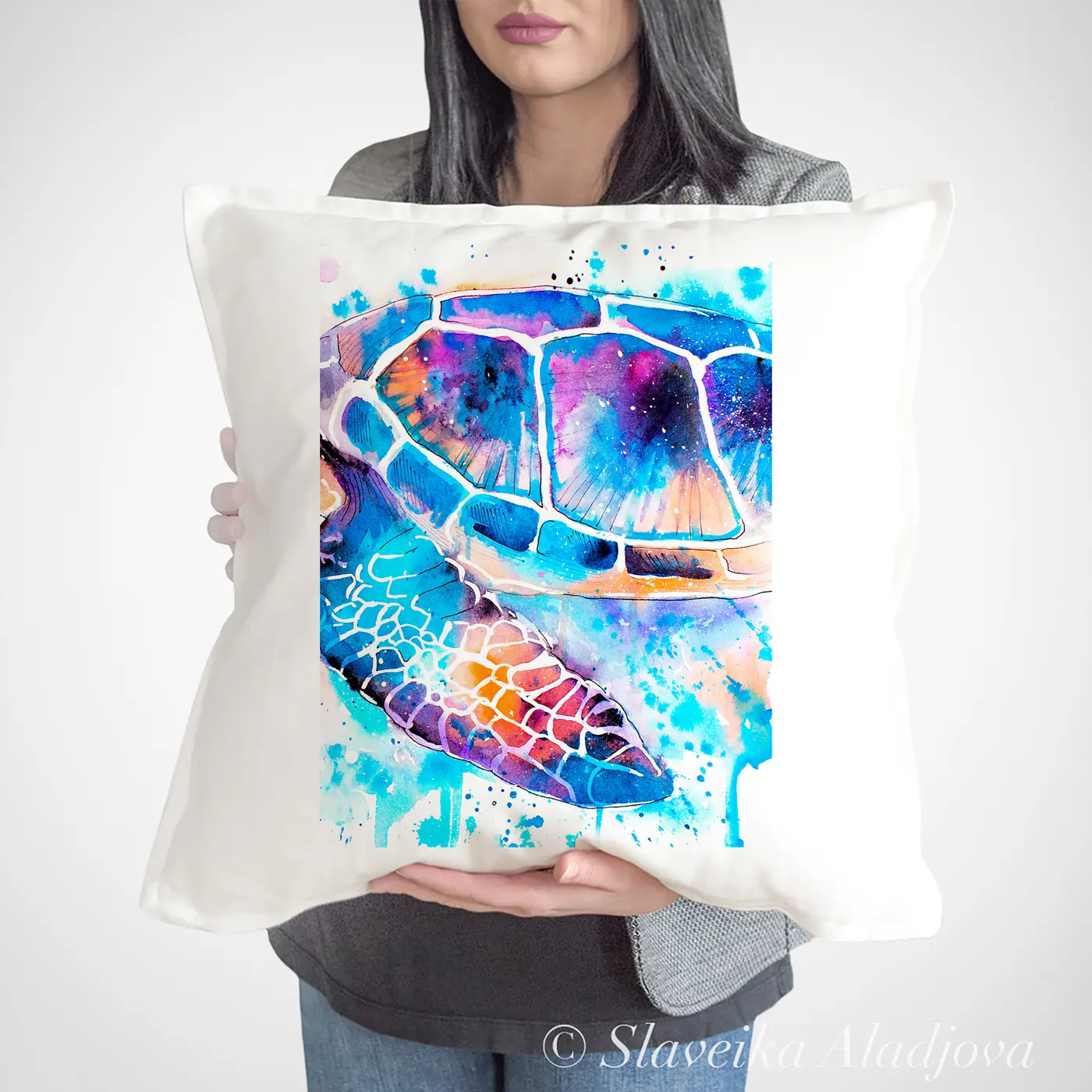 Cushion with a watercolour blue sea turtle print