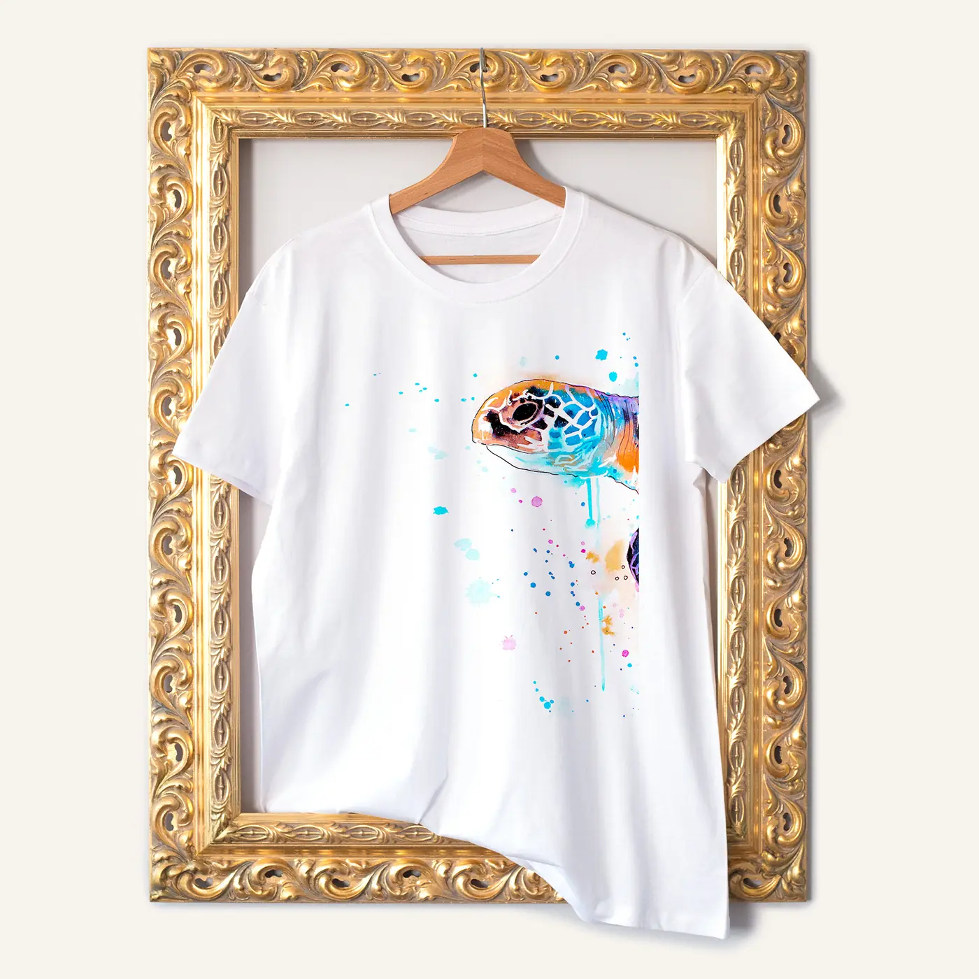 White t-shirt with a watercolour blue sea turtle print 2
