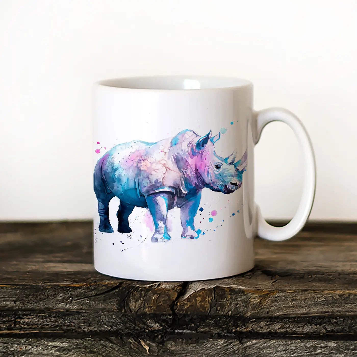 Ceramic mug with a watercolour rhinoceros in full print