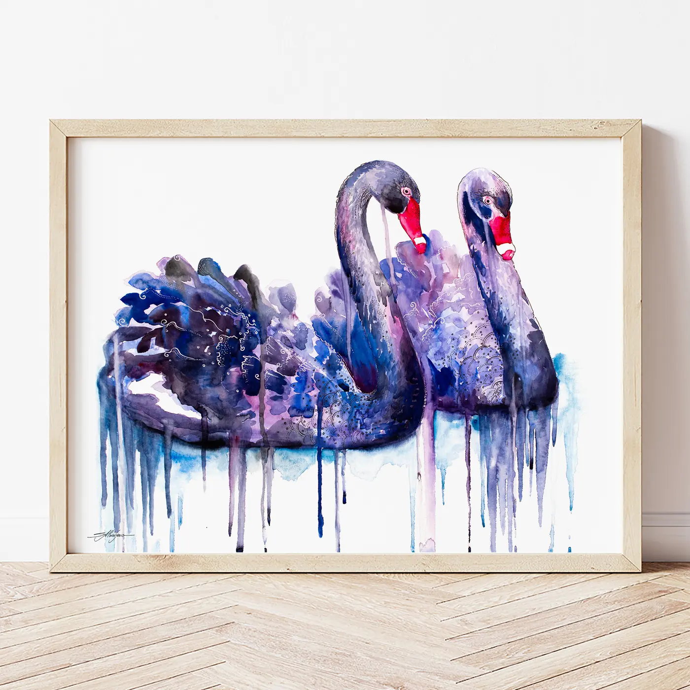 Art print with a watercolour black swans print