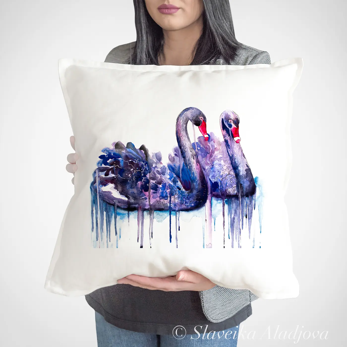 Cushion with a watercolour black swans print