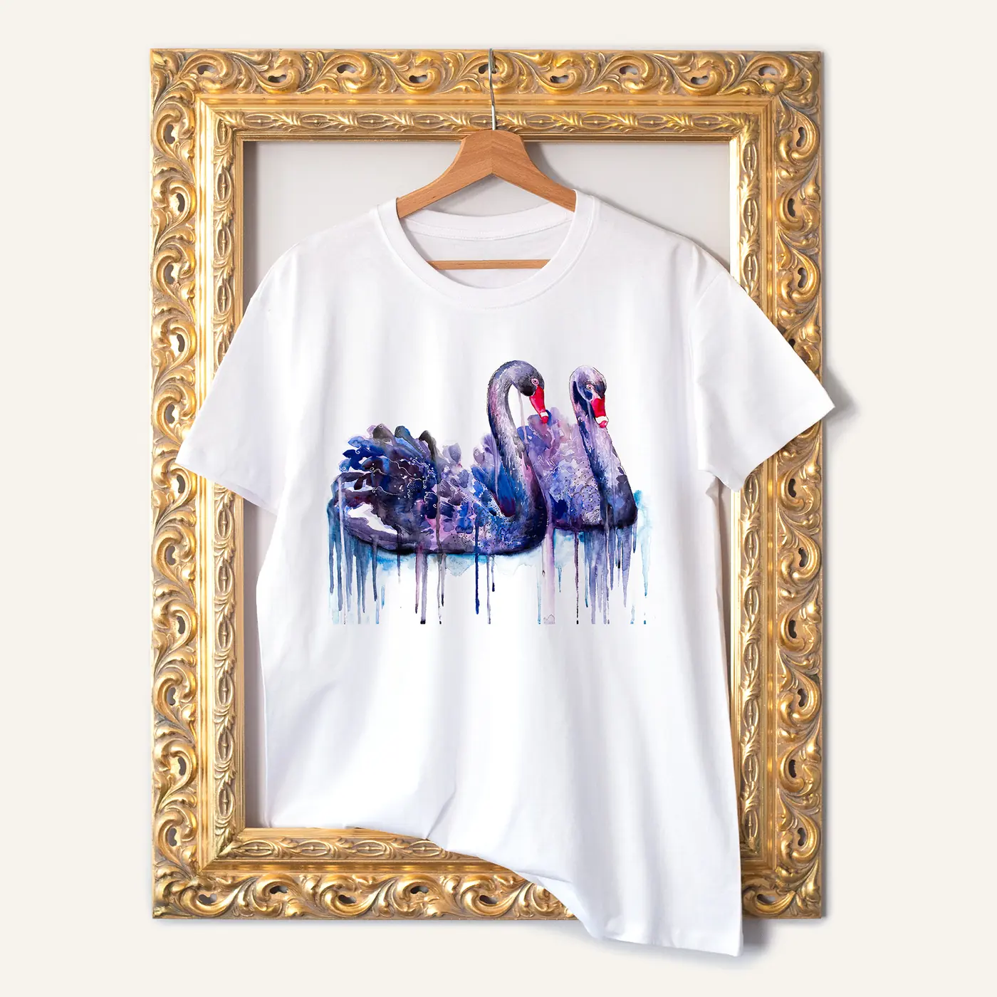 White t-shirt with a watercolour black swans print