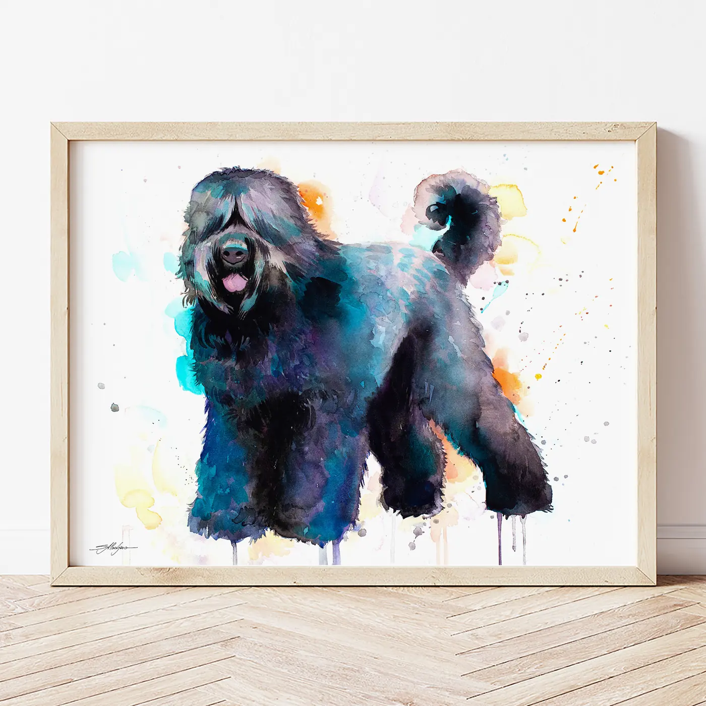 Art print with a watercolour black russian terrier print