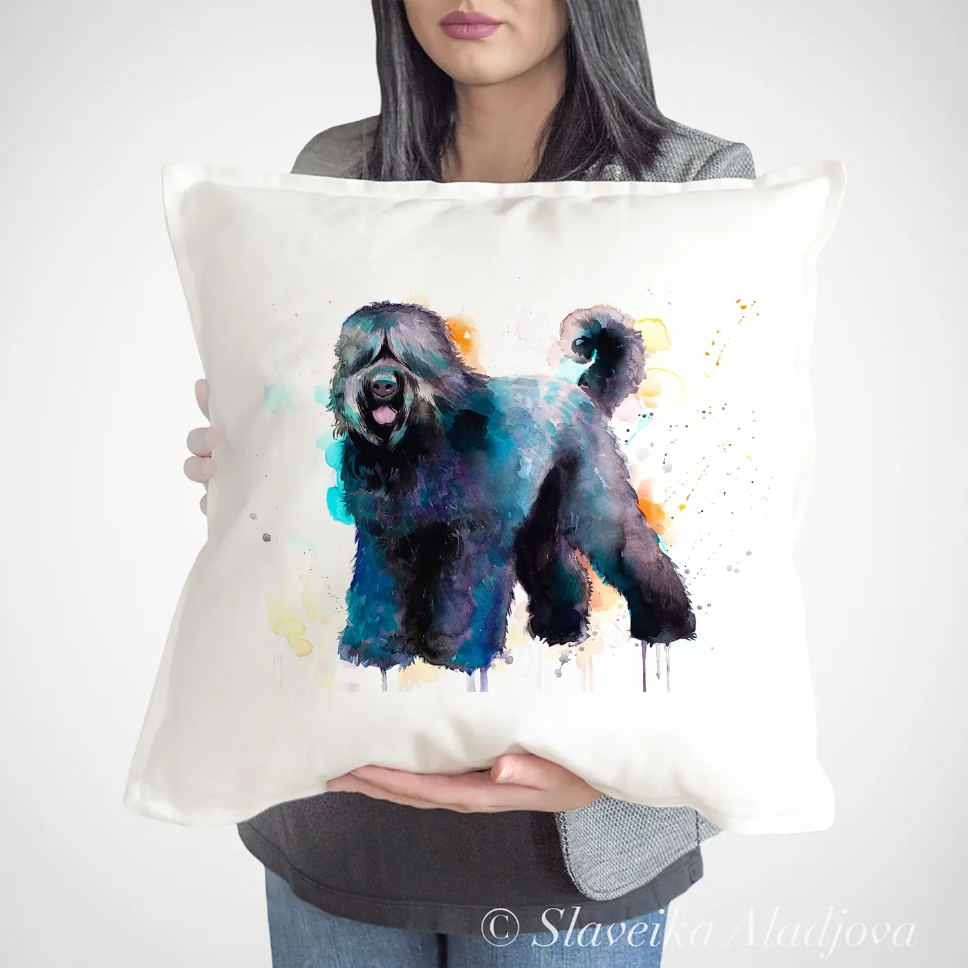 Cushion with a watercolour black russian terrier print
