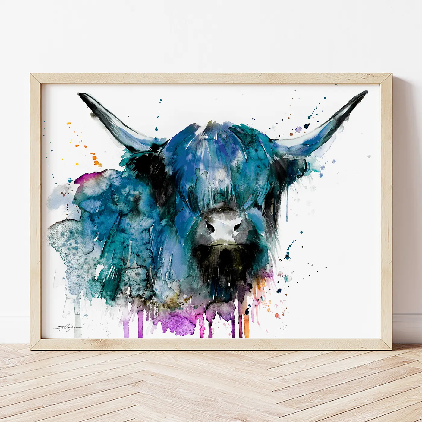 Art print with a watercolour highland cow print
