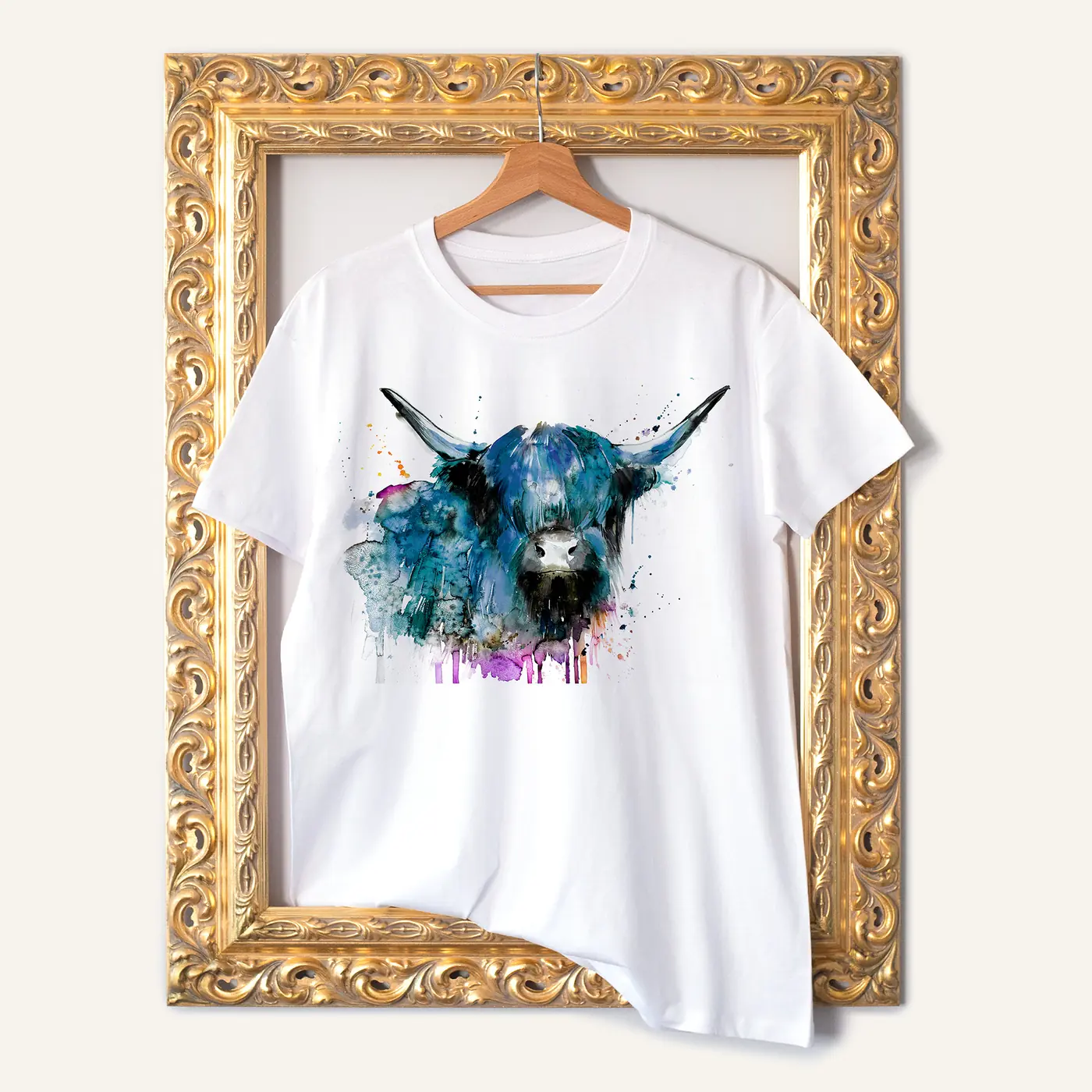 White t-shirt with a watercolour highland cow print
