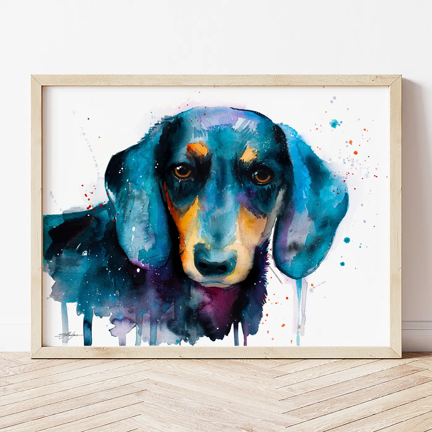 Art print with a watercolour black dachshund print