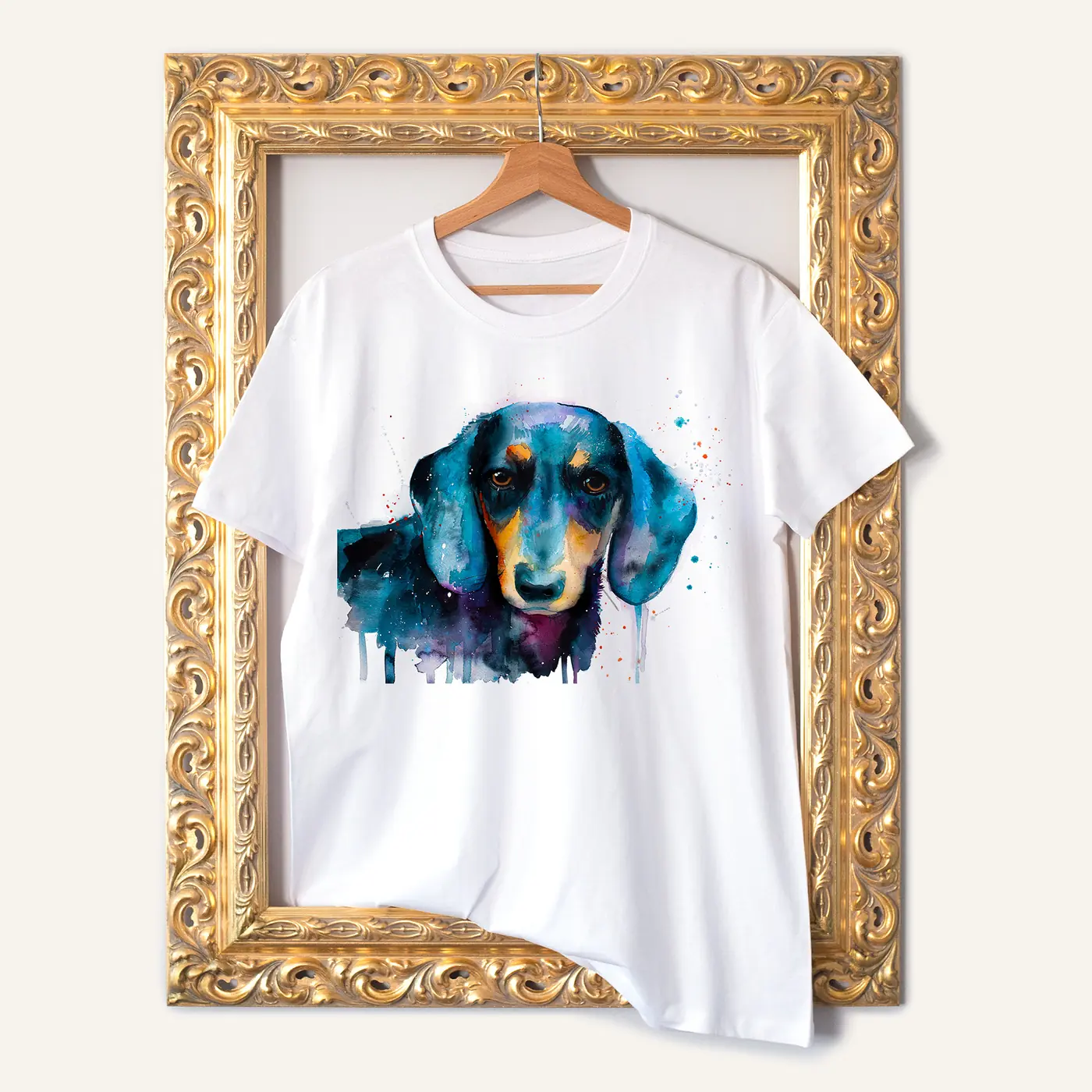 White t-shirt with a watercolour black dachshund print
