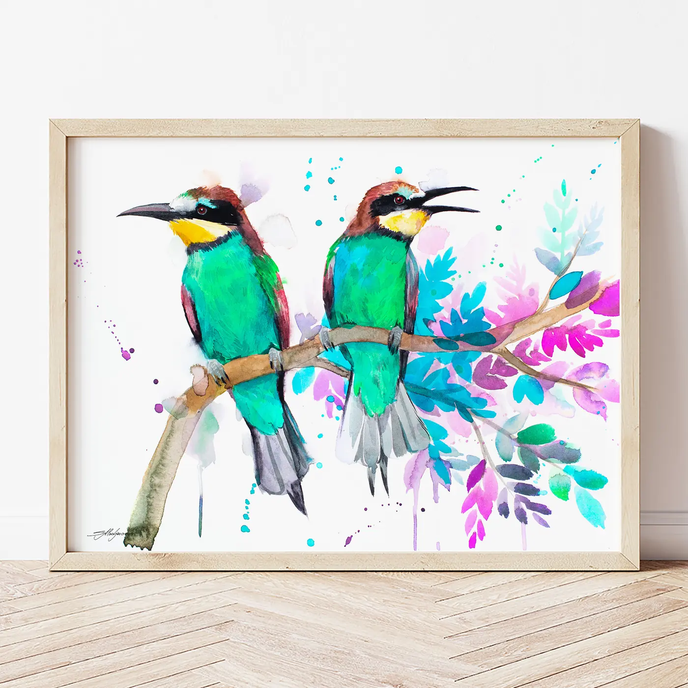 Art print with a watercolour bee-eaters print