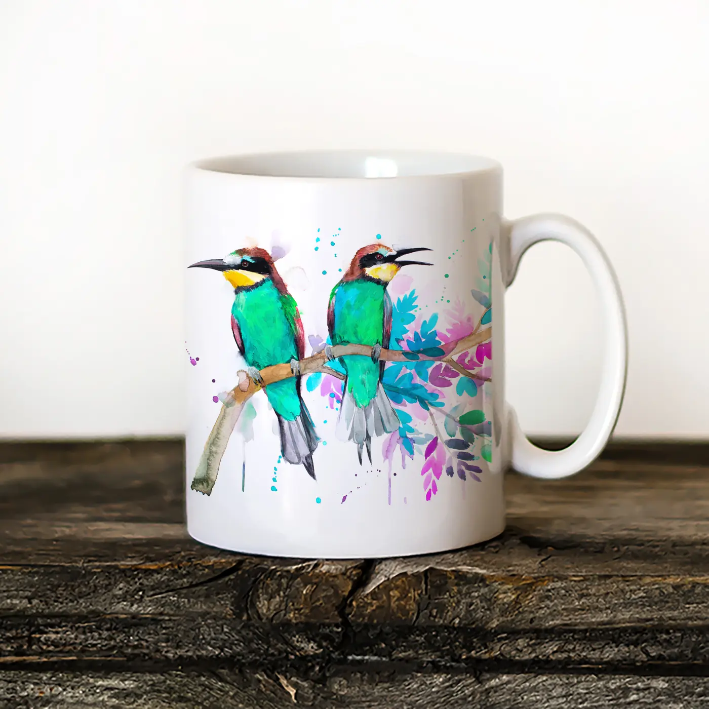 Ceramic mug with a watercolour bee-eaters print