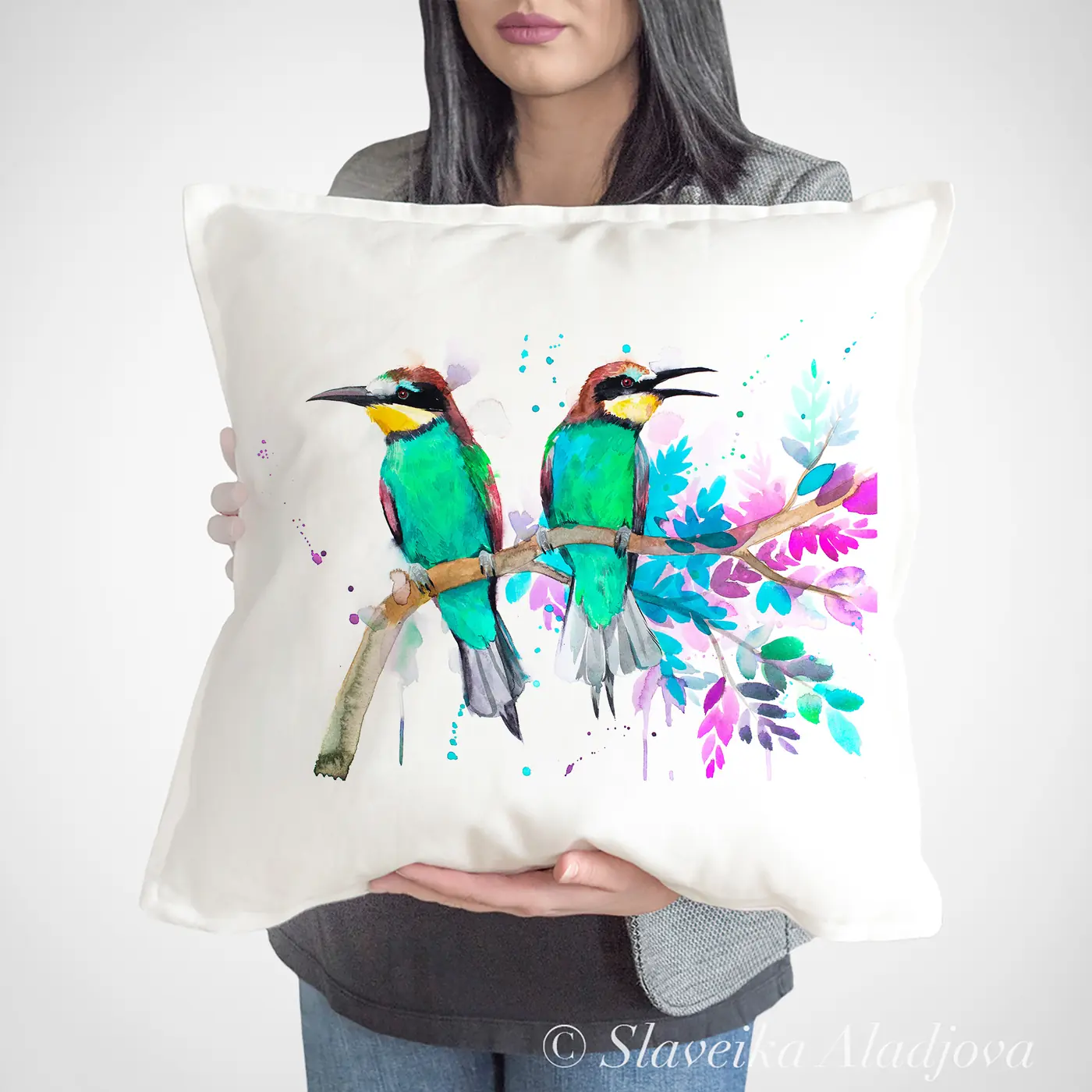 Cushion with a watercolour bee-eaters print