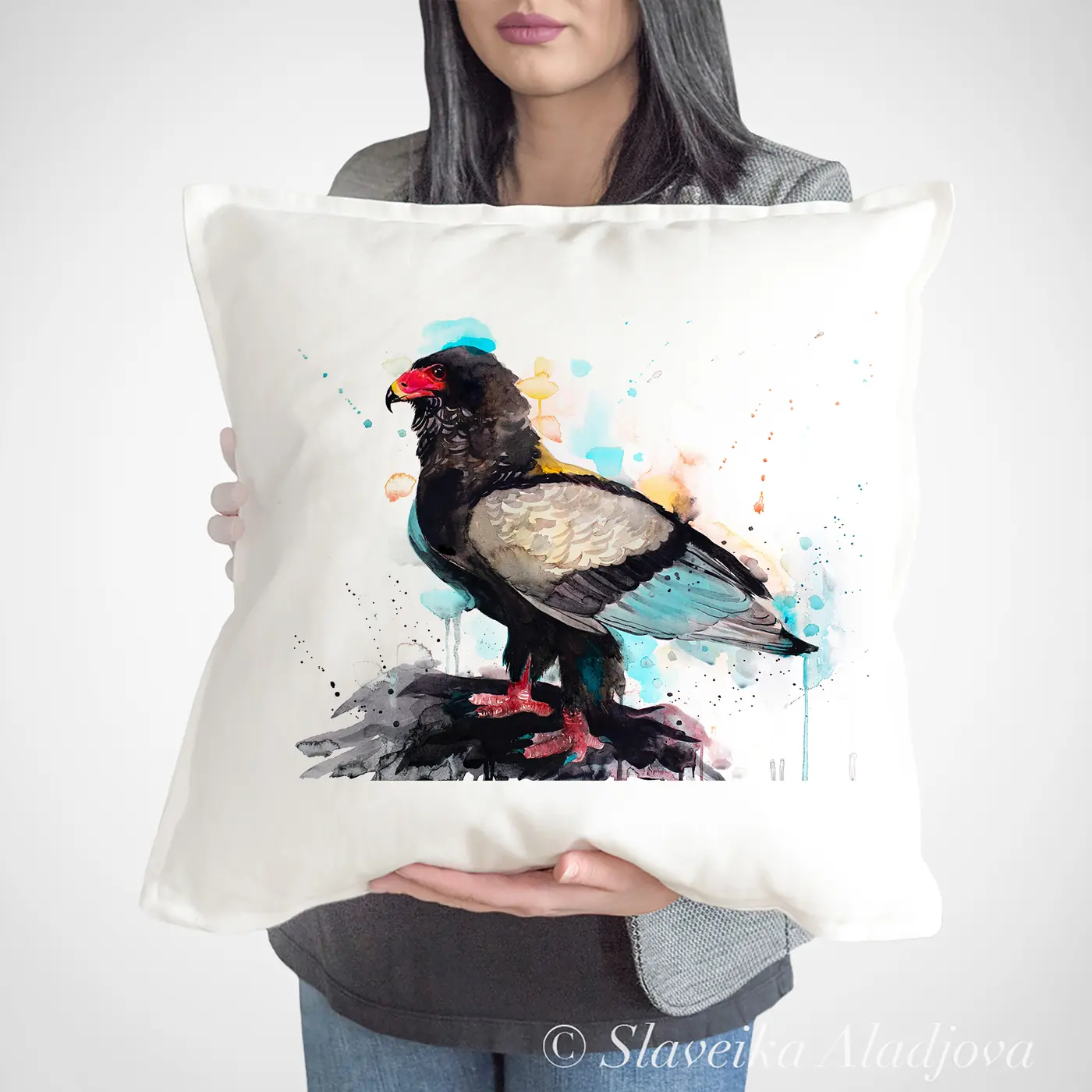 Cushion with a watercolour bateleur eagle print