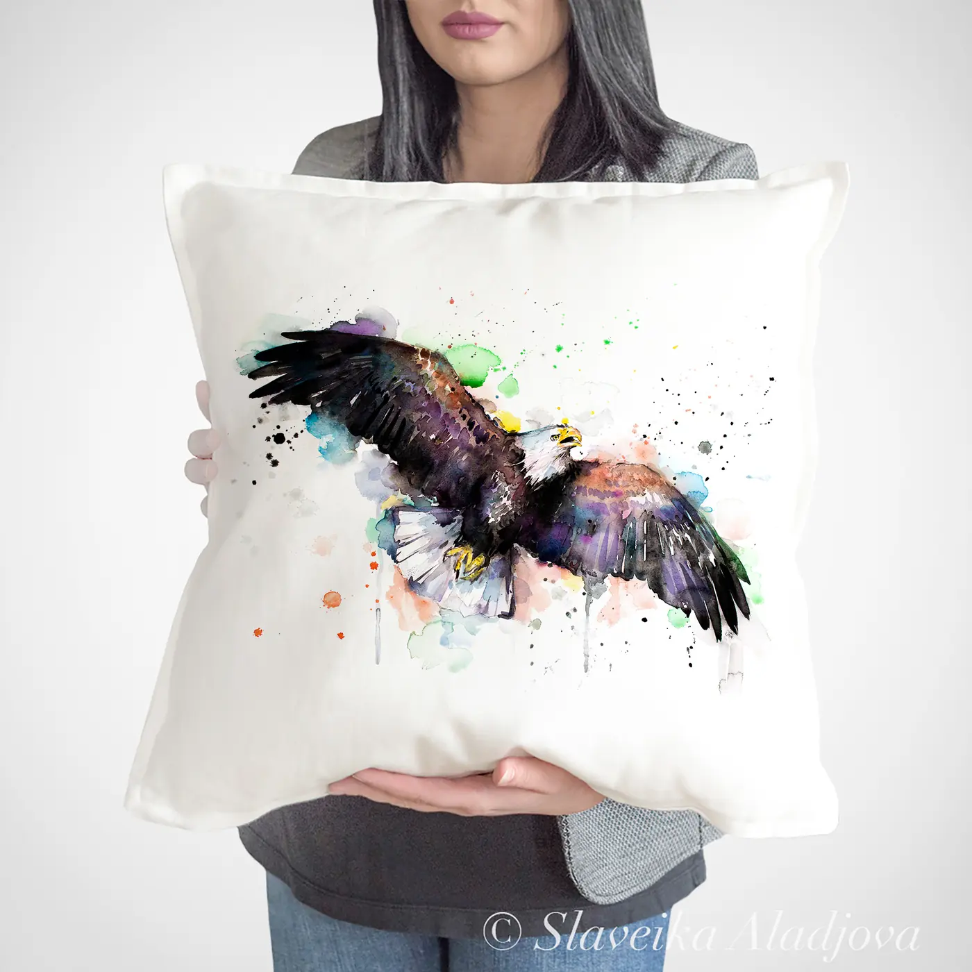 Cushion with a watercolour bald eagle print