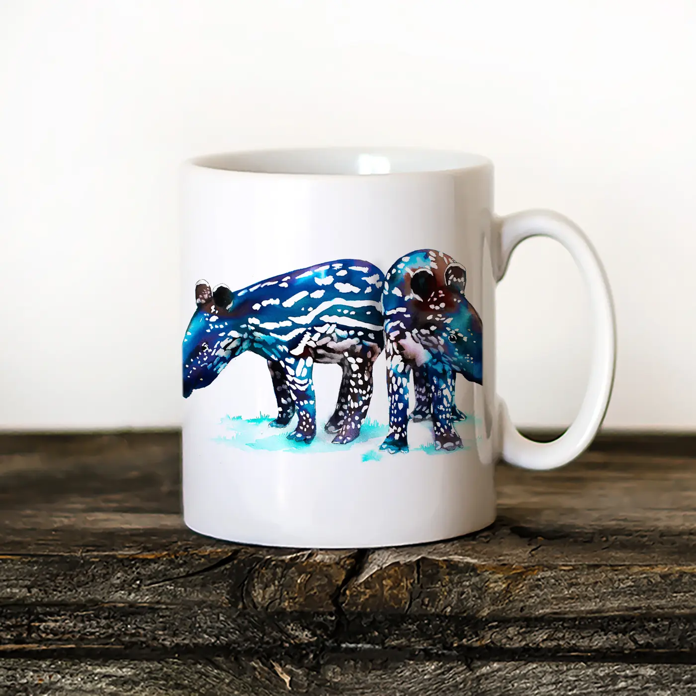 Ceramic mug with a watercolour baby tapirs print