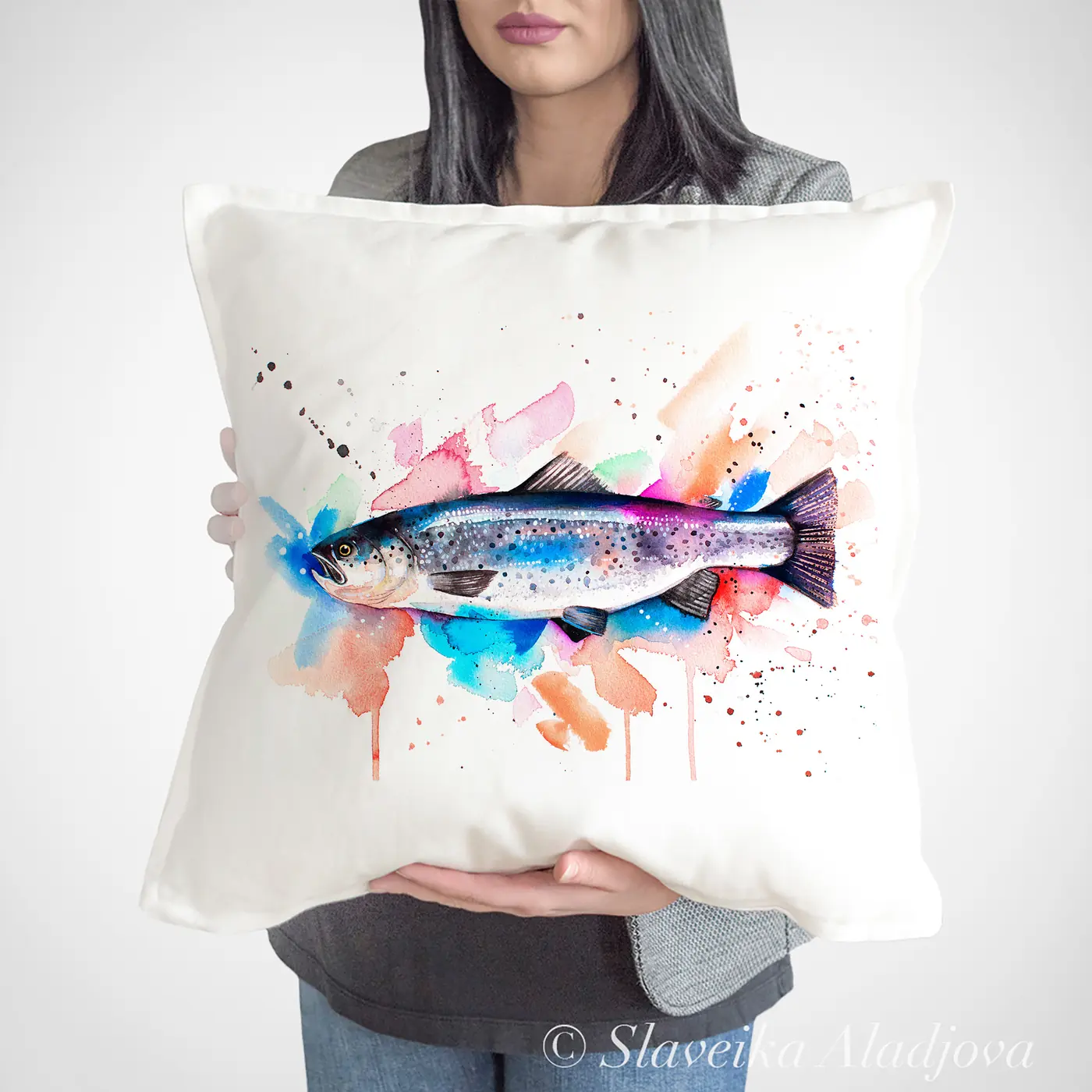 Cushion with a watercolour atlantic salmon print