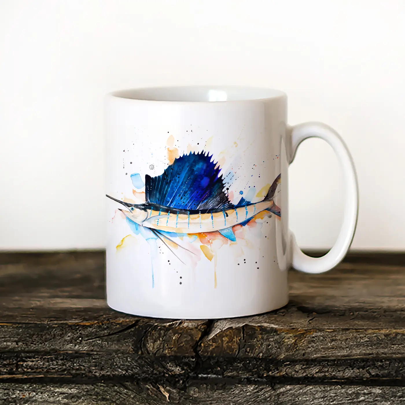 Ceramic mug with a watercolour sailfish print
