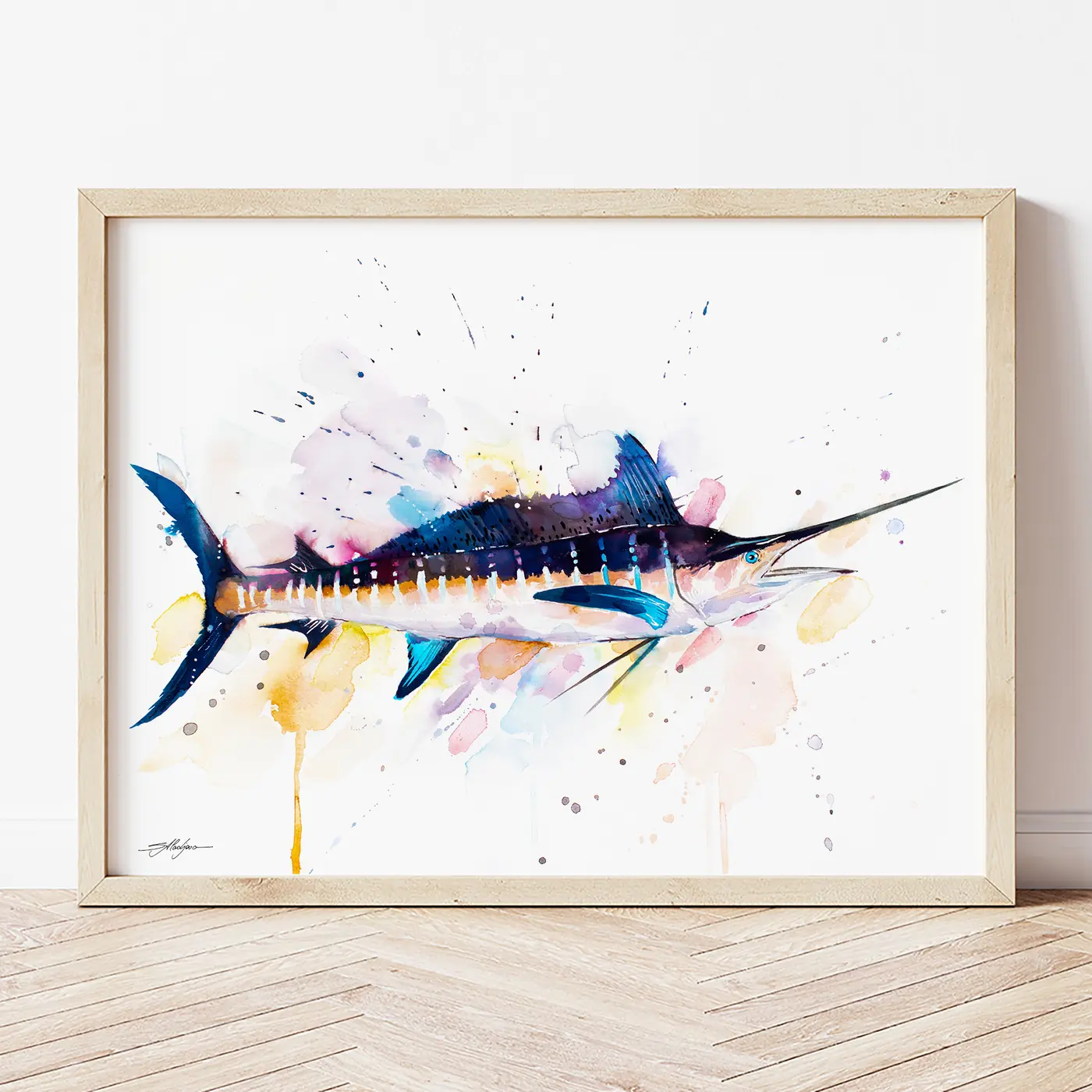 Art print with a watercolour blue marlin print