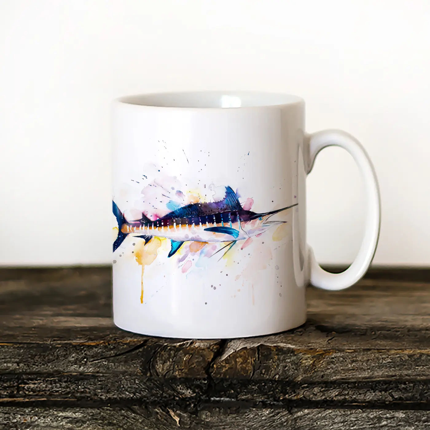 Ceramic mug with a watercolour blue marlin print