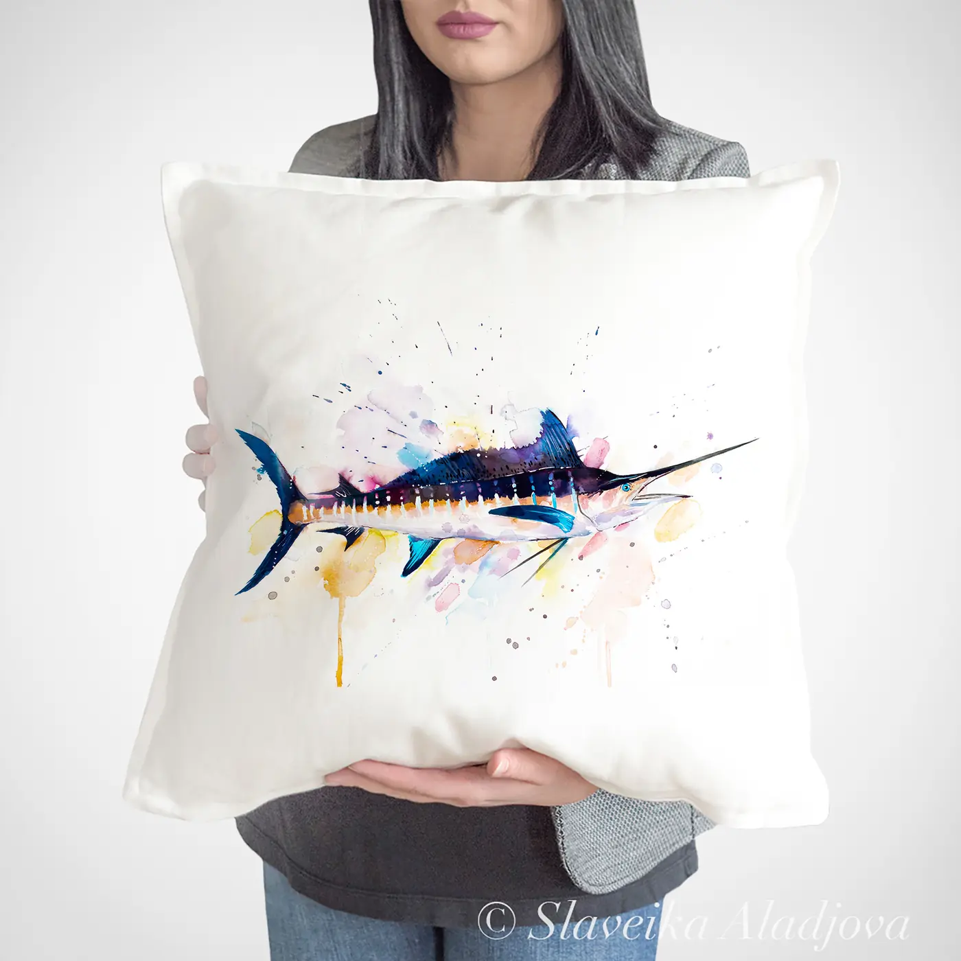 Cushion with a watercolour blue marlin print
