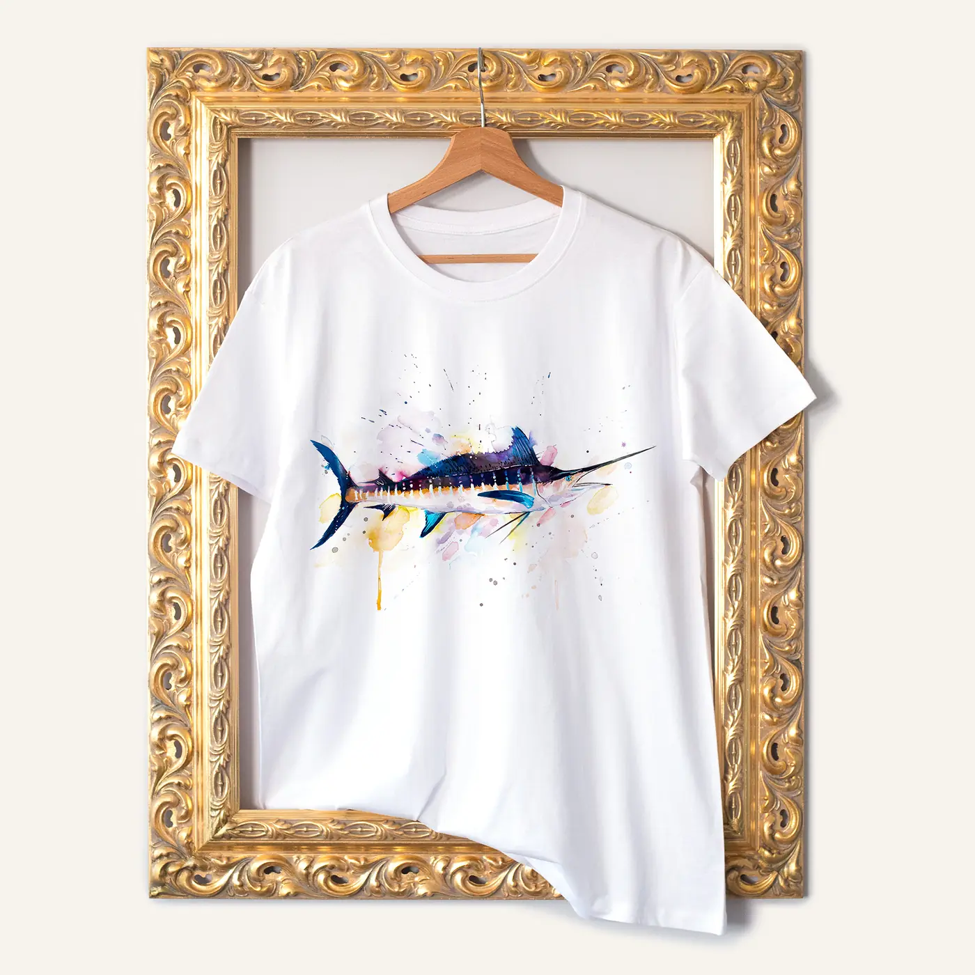 White t-shirt with a watercolour blue marlin print