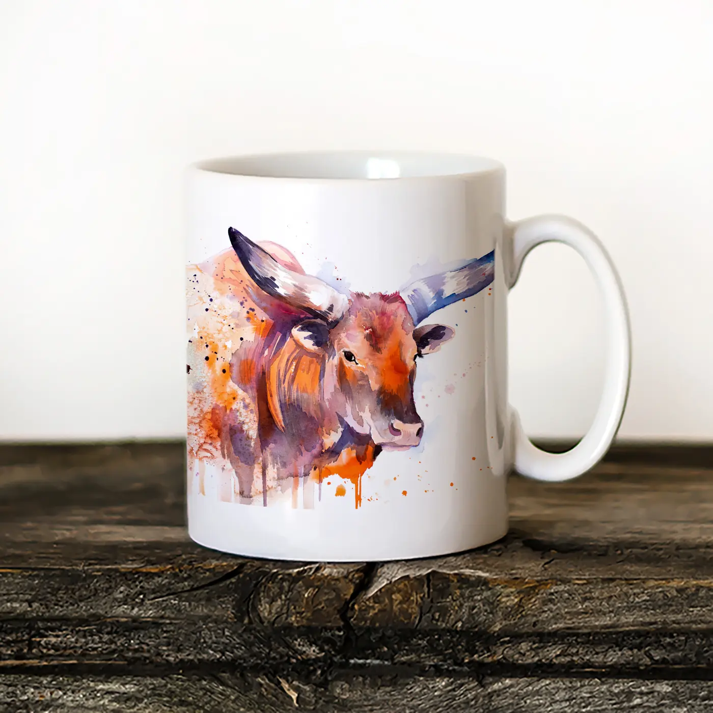 Ceramic mug with a watercolour watusi cattle print
