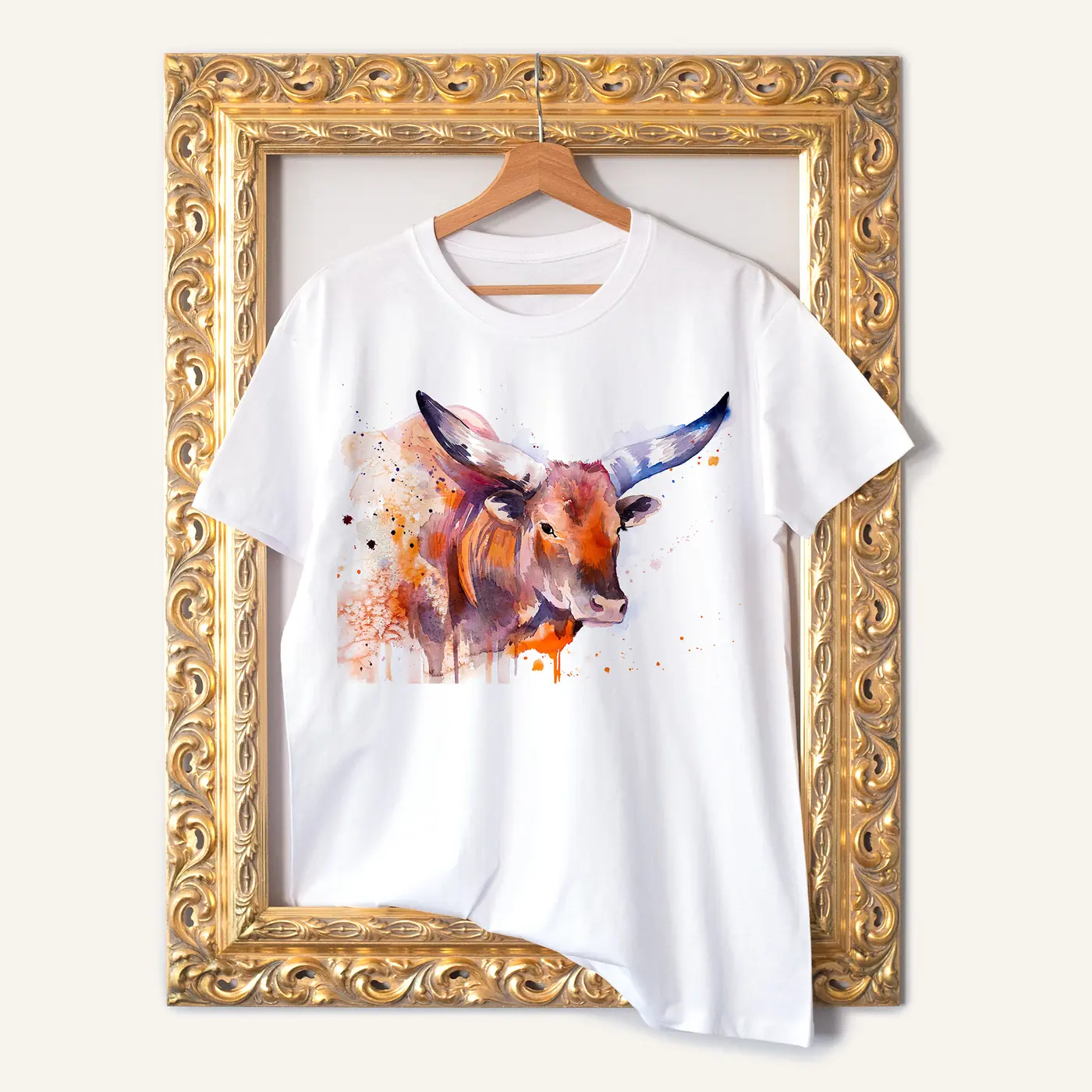 White t-shirt with a watercolour watusi cattle print