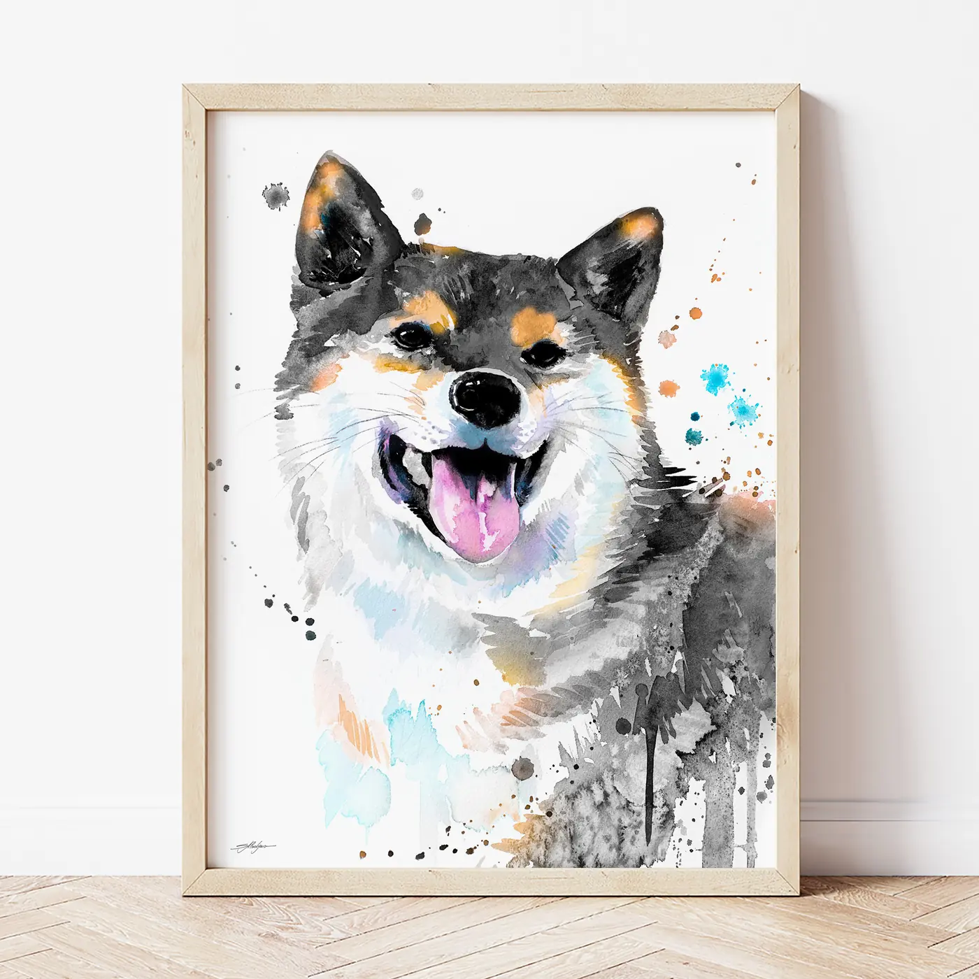 Art print with a watercolour black shiba inu print