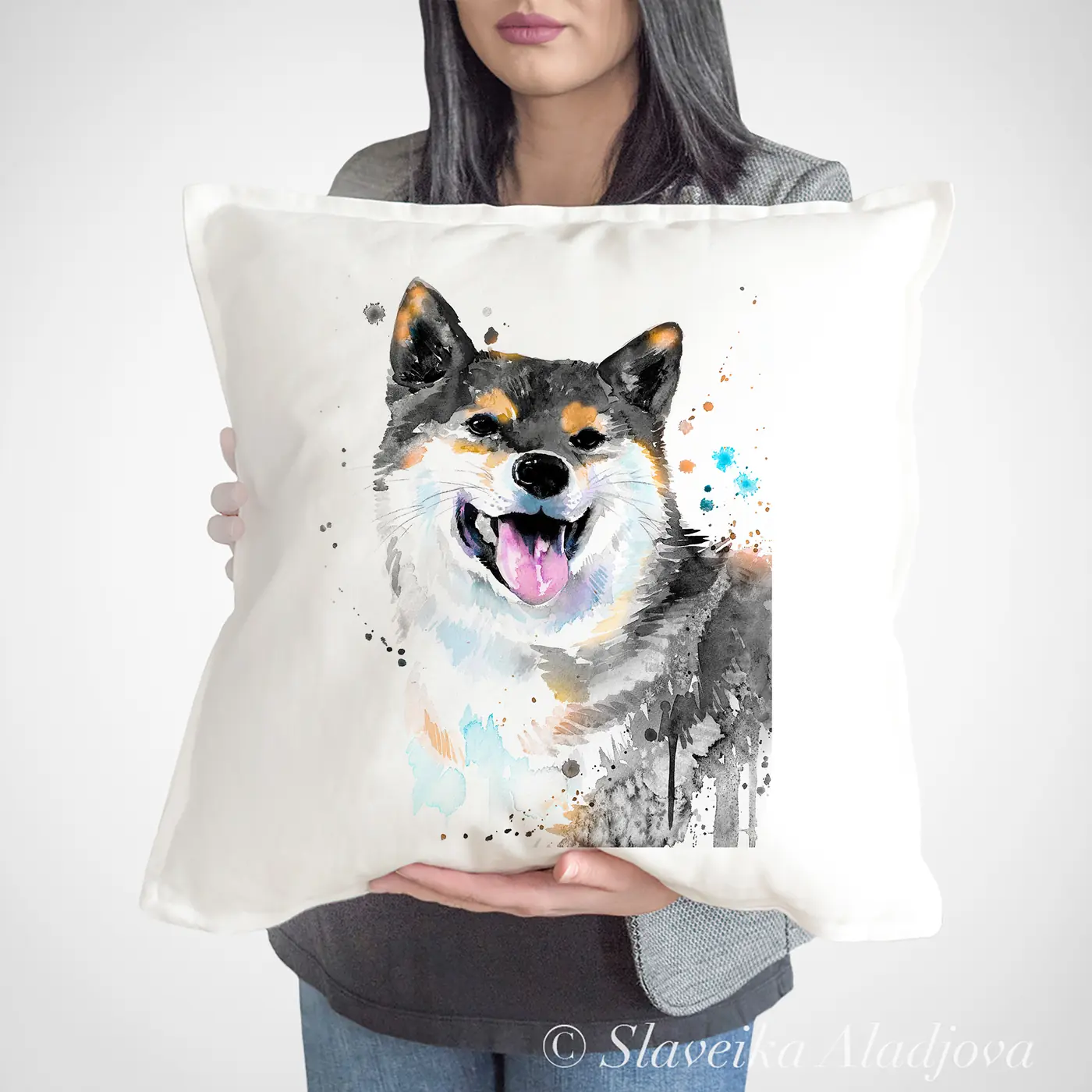 Cushion with a watercolour black shiba inu print