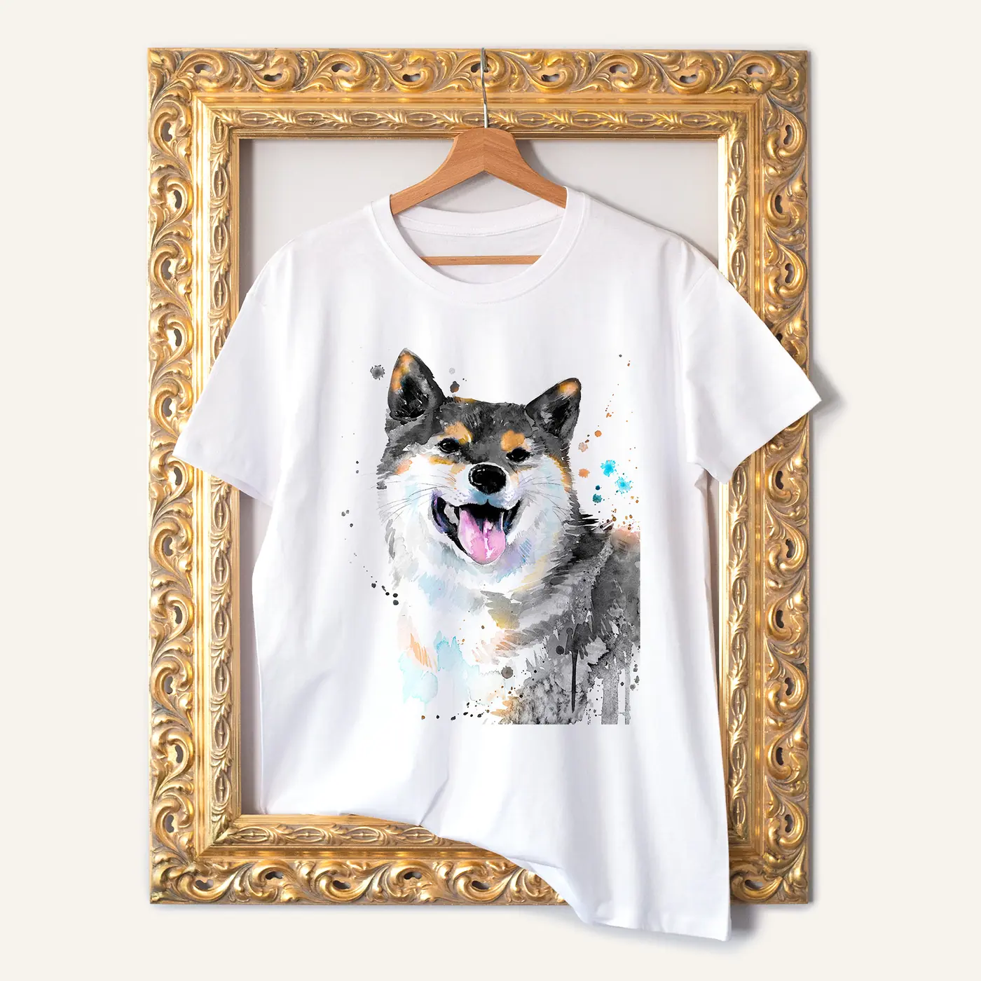 White t-shirt with a watercolour black shiba inu print