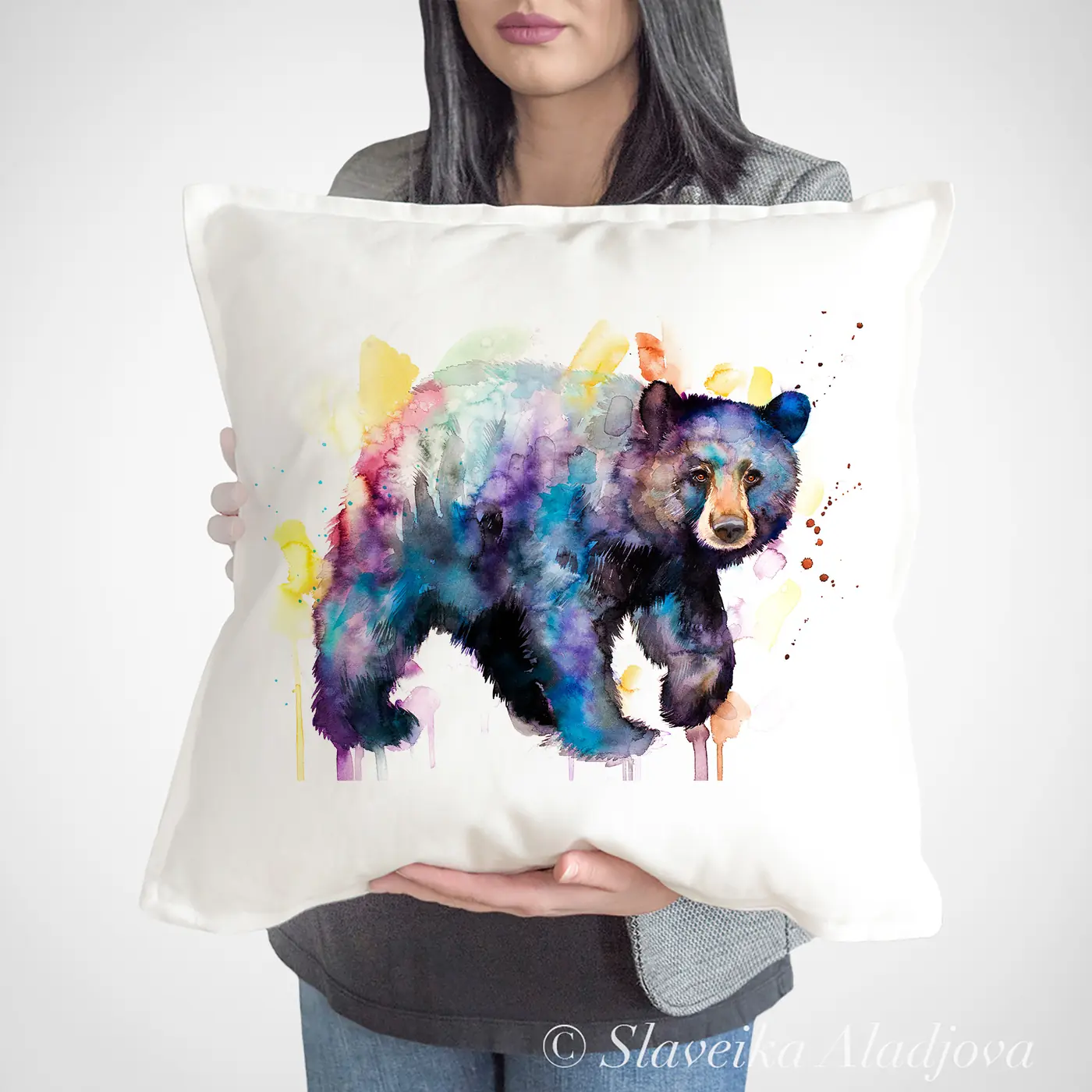 Cushion with a watercolour black bear in full print