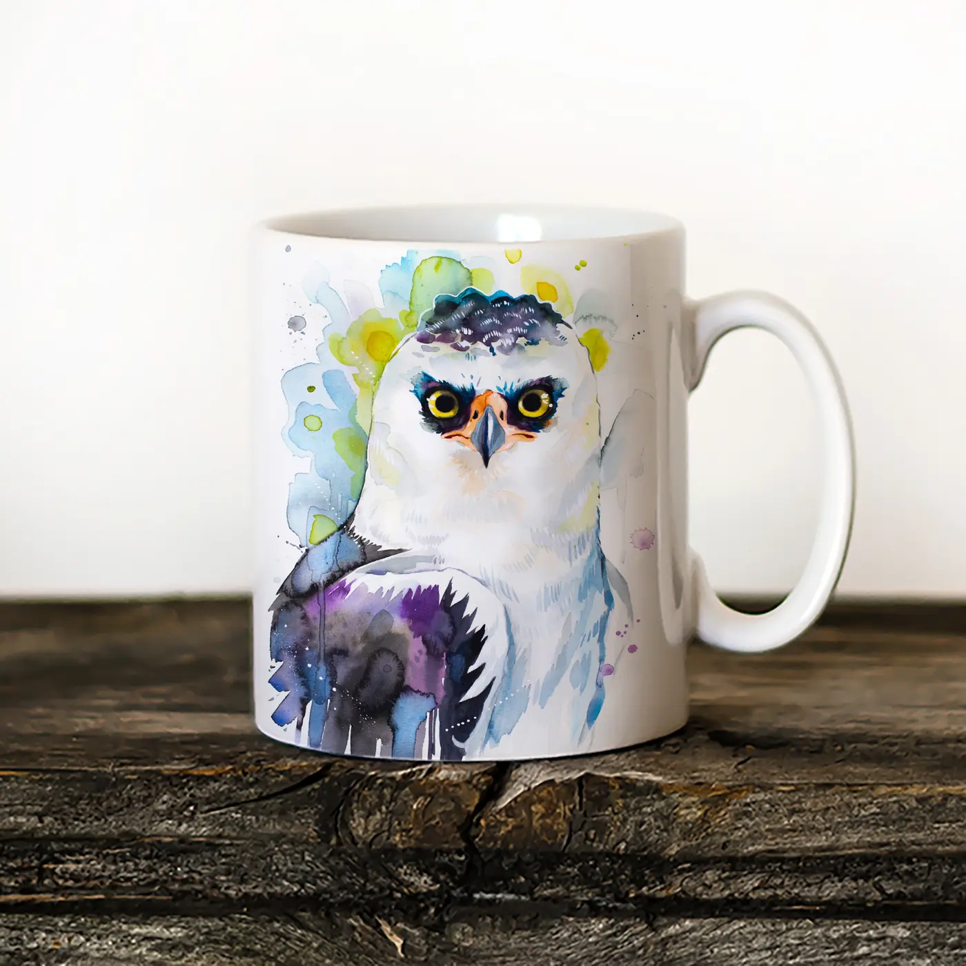 Ceramic mug with a watercolour black-and-white hawk-eagle print