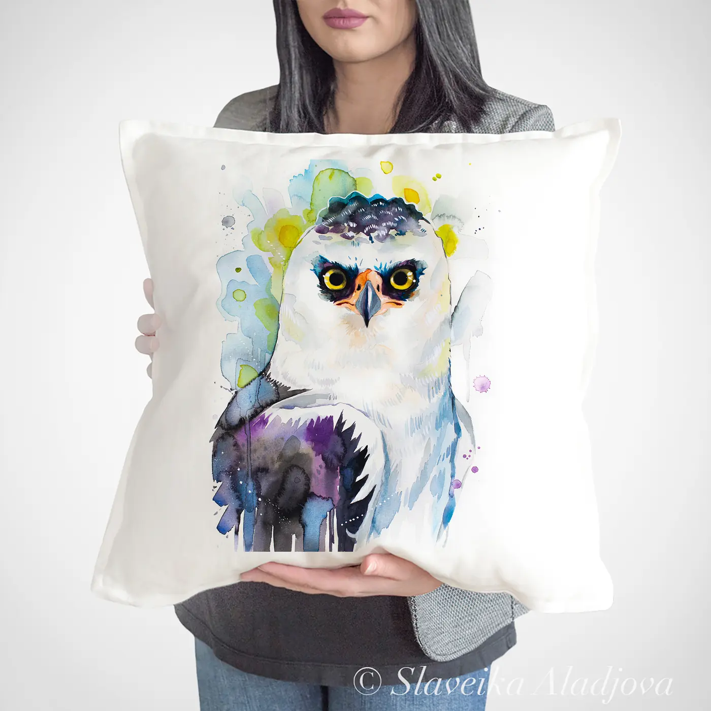 Cushion with a watercolour black-and-white hawk-eagle print