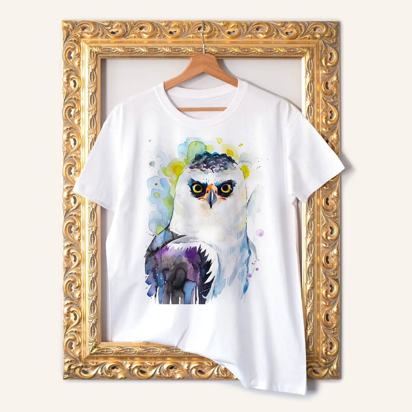 White t-shirt with a watercolour black-and-white hawk-eagle print