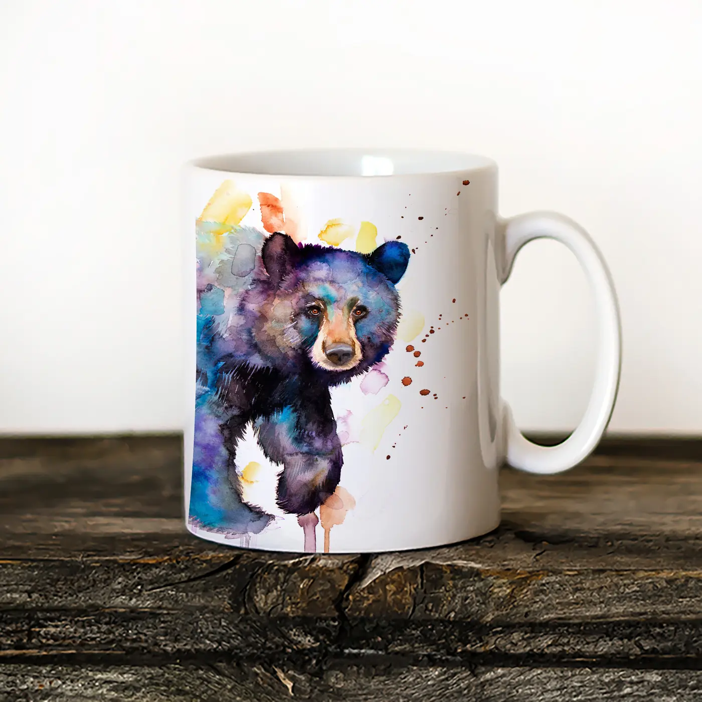 Ceramic mug with a watercolour black bear in purple print 2
