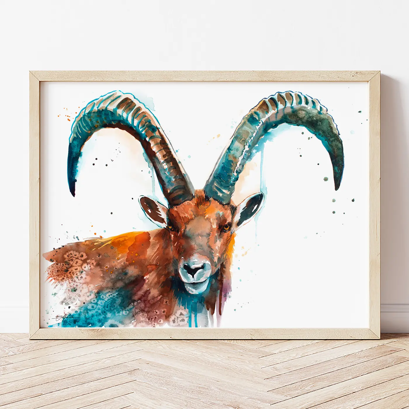 Art print with a watercolour alpine ibex print