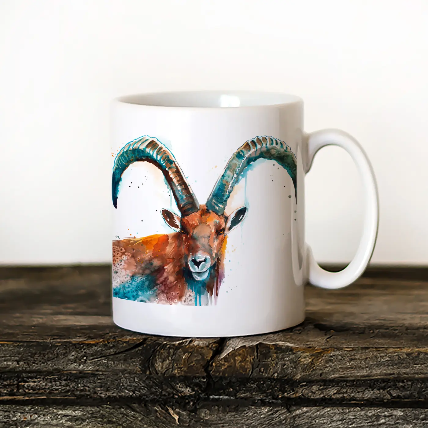 Ceramic mug with a watercolour alpine ibex print
