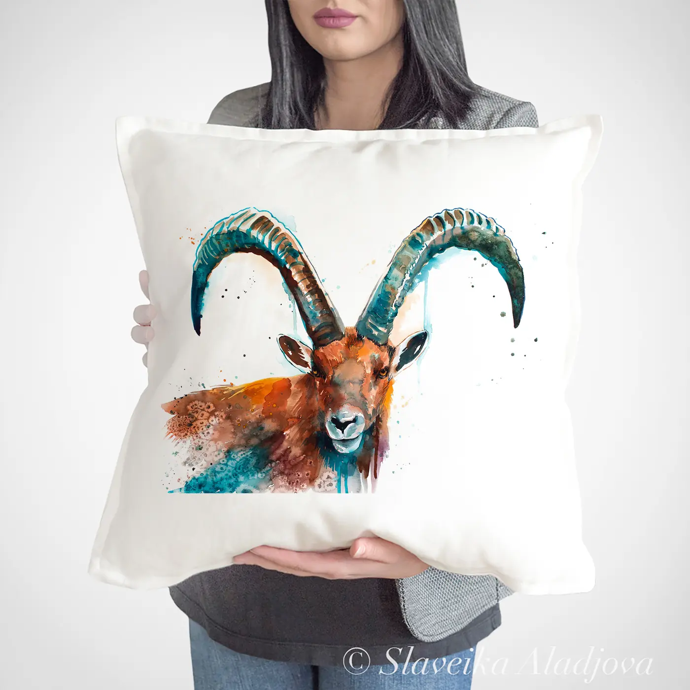 Cushion with a watercolour alpine ibex print