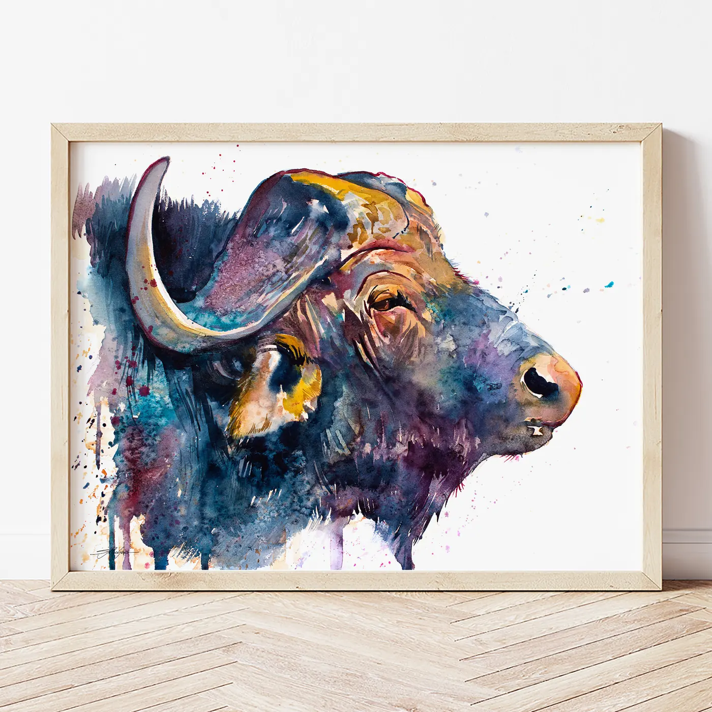 Art print with a watercolour african buffalo print