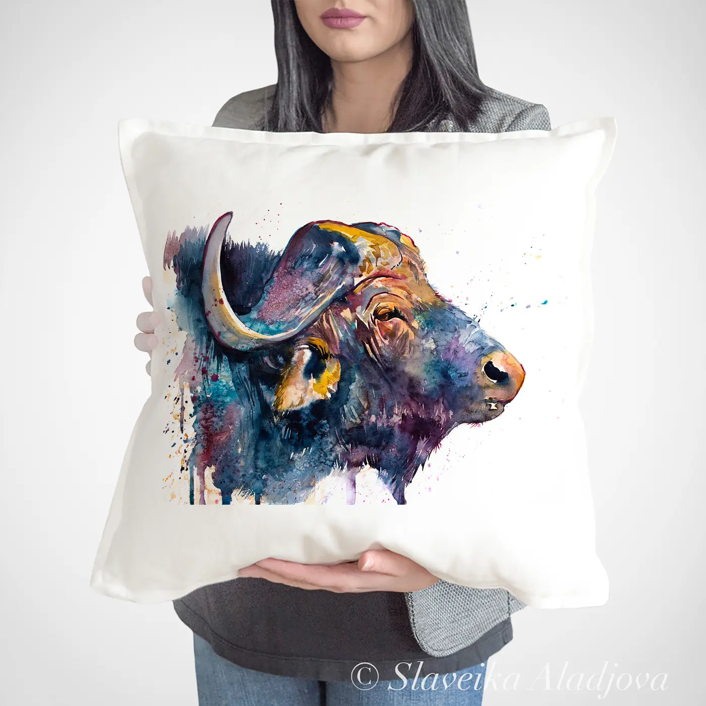 Cushion with a watercolour african buffalo print
