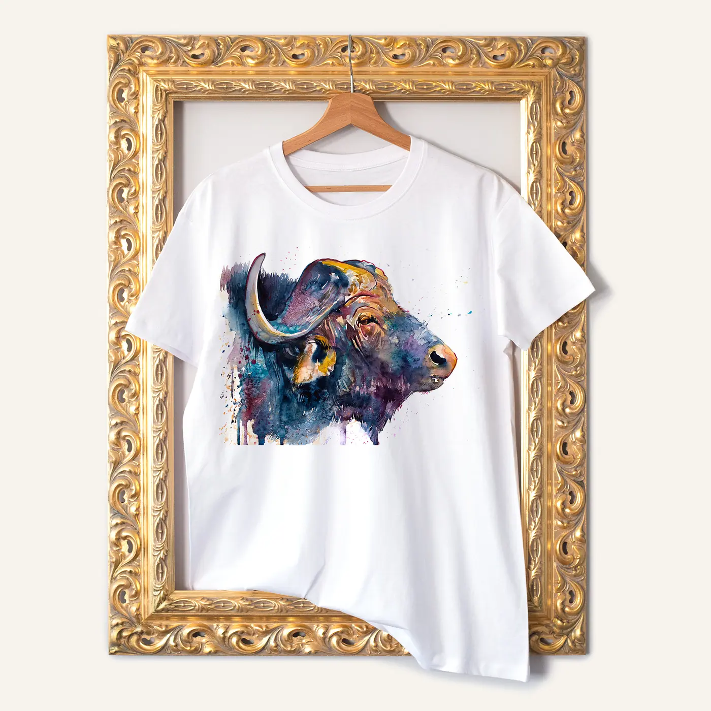White t-shirt with a watercolour african buffalo print