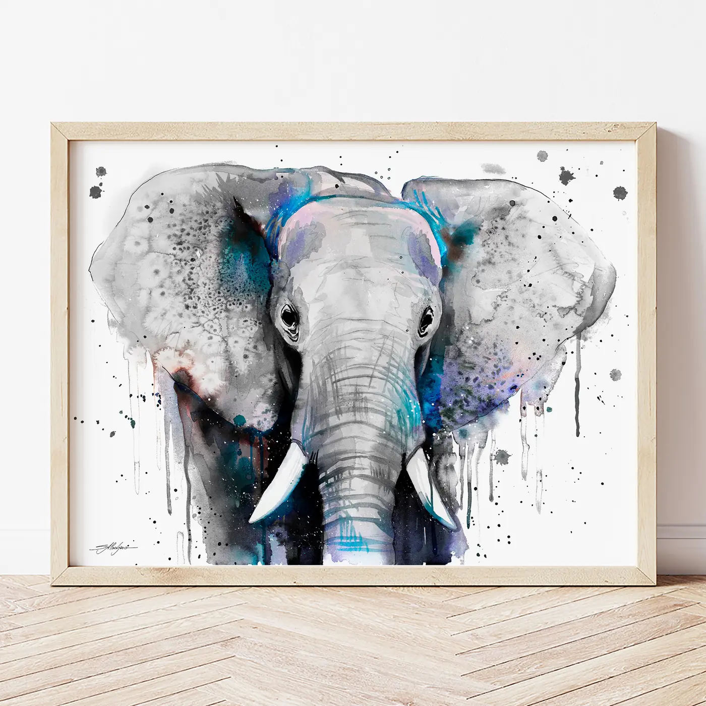 Art print with a watercolour elephant in grey print