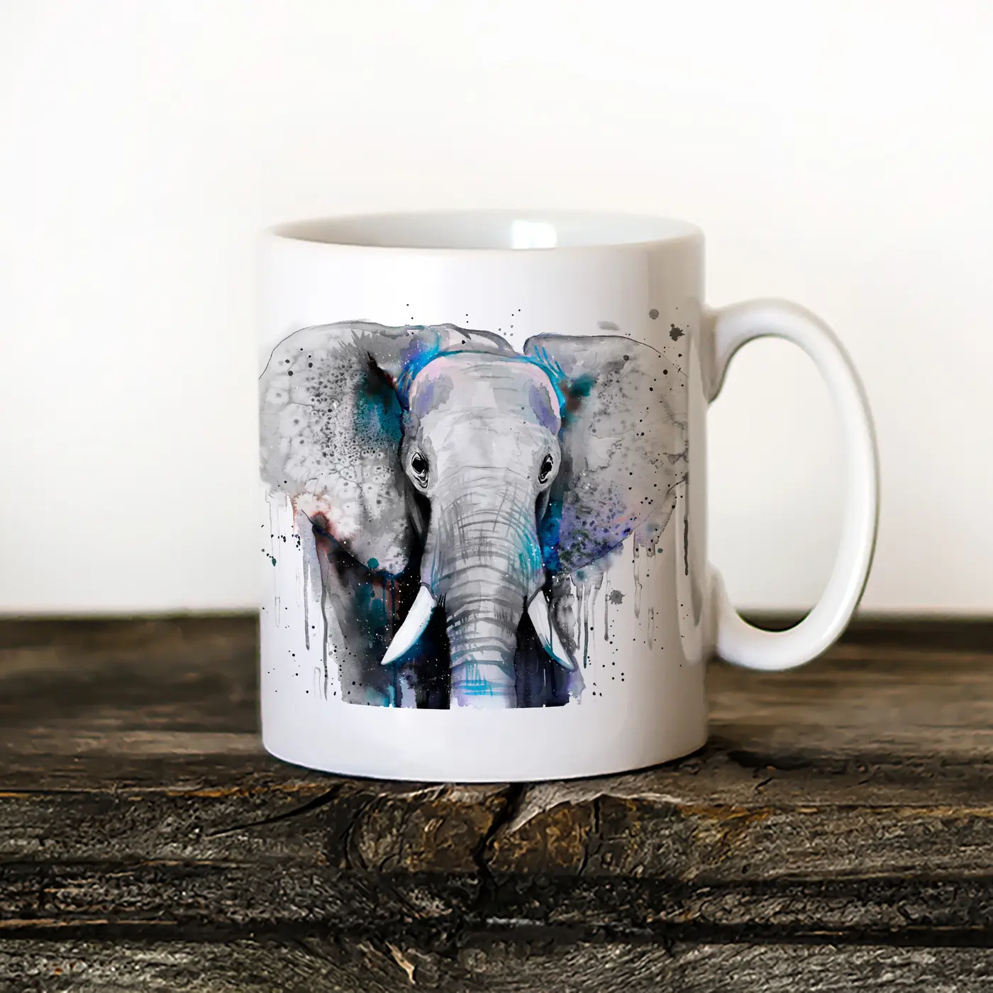 Ceramic mug with a watercolour elephant in grey print
