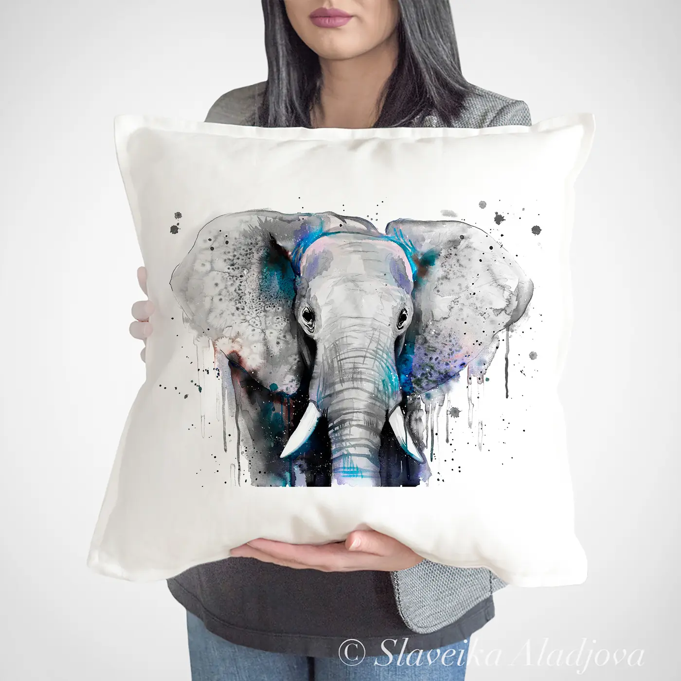Cushion with a watercolour elephant in grey print