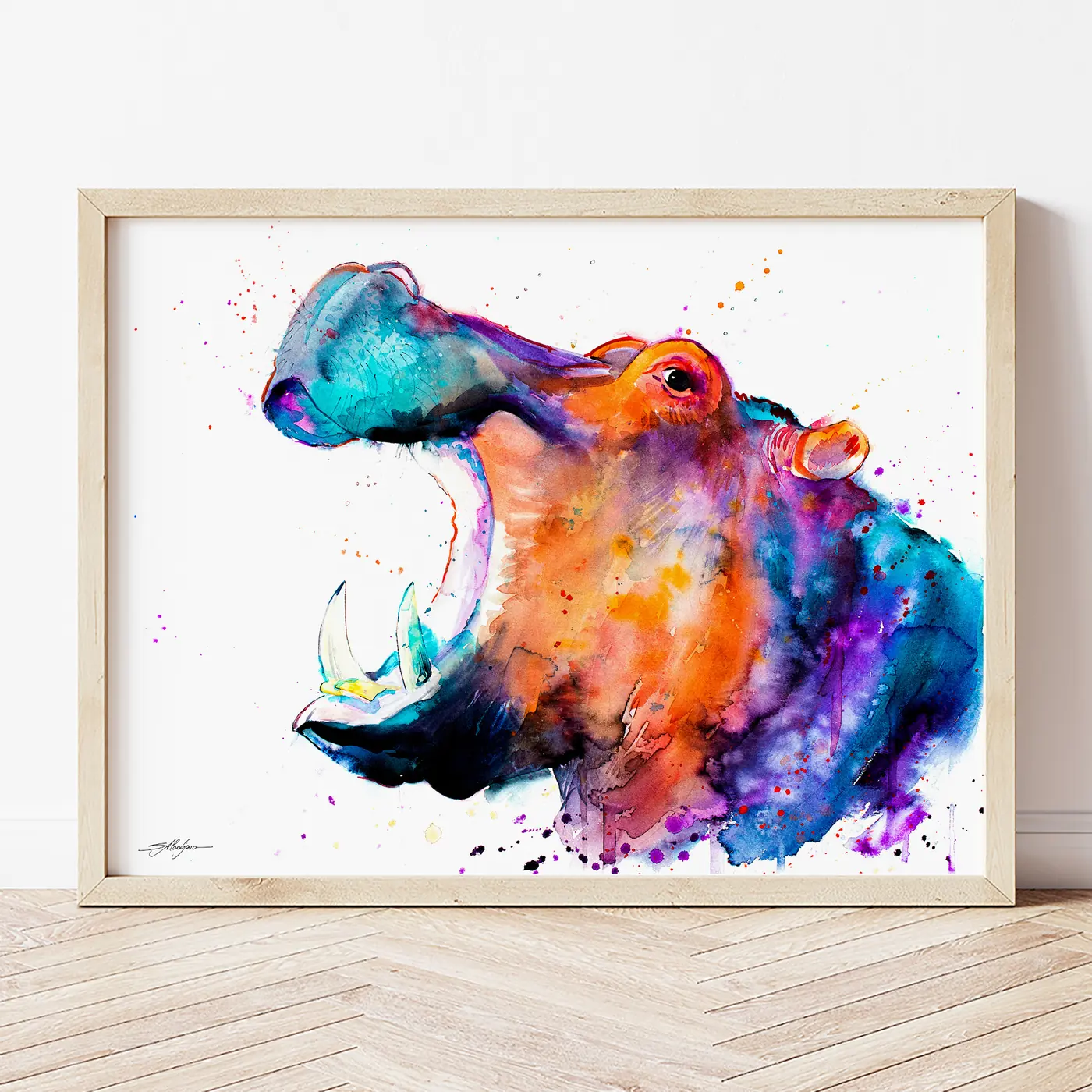 Art print with a watercolour hippopotamus print